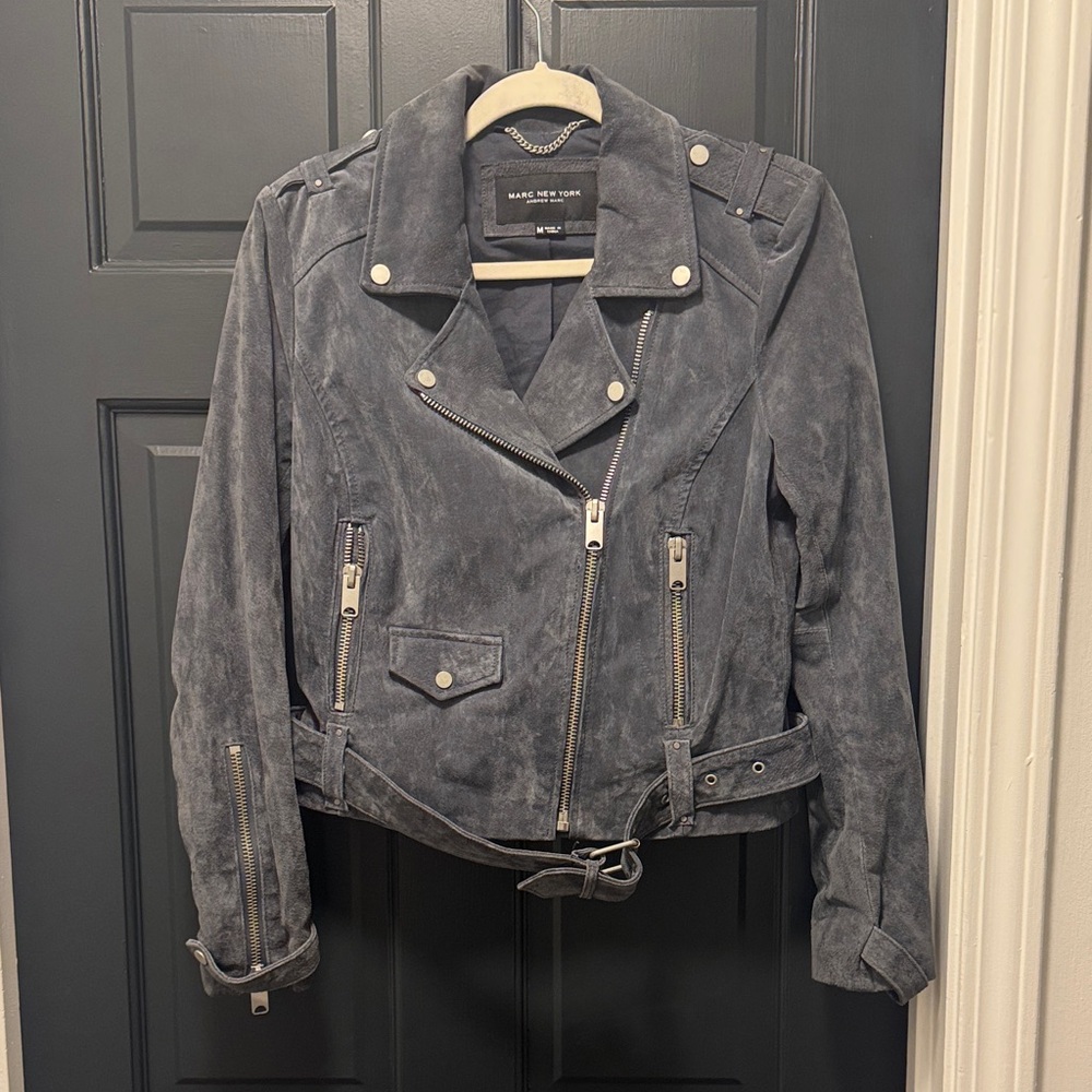 Andrew Marc Gray Leather Biker Jacket